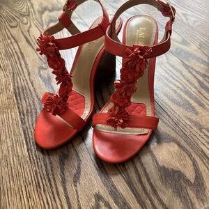 Lauren Ralph Lauren Women's Wedge Sandals Leather Orange Flower Abia 6.5 US